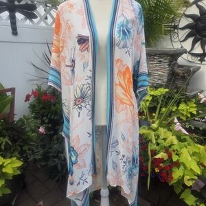 Floral Kimono with Blue and Orange Accents